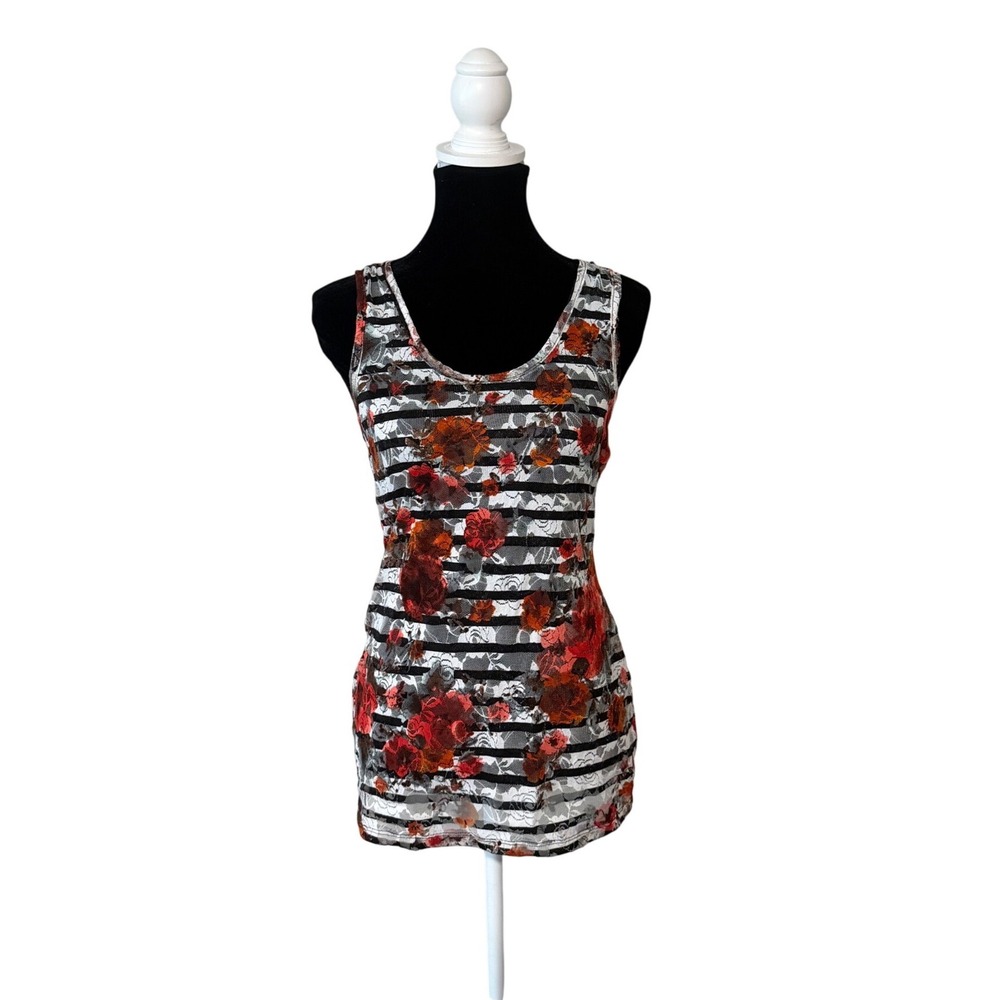 Y2K Almost Famous Floral Lace Stripe Burnout Tank Top Womens Large Sheer